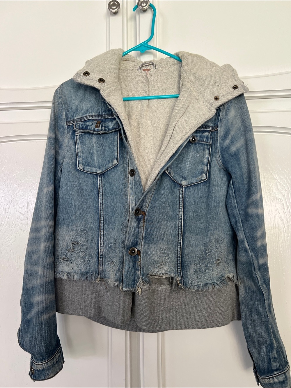 Free People Women's Blue Denim Jacket with Heather Gray Hood